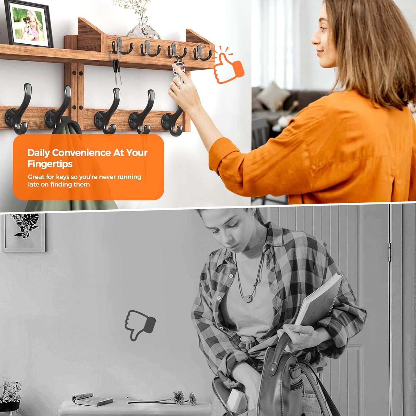 29" Coat Rack Wall Mount with Shelf, 4 in 1 Wall Mounted Coat