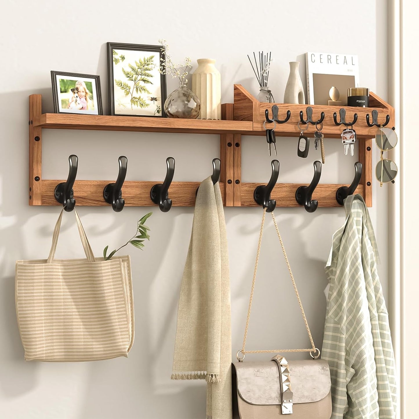 29" Coat Rack Wall Mount with Shelf, 4 in 1 Wall Mounted Coat