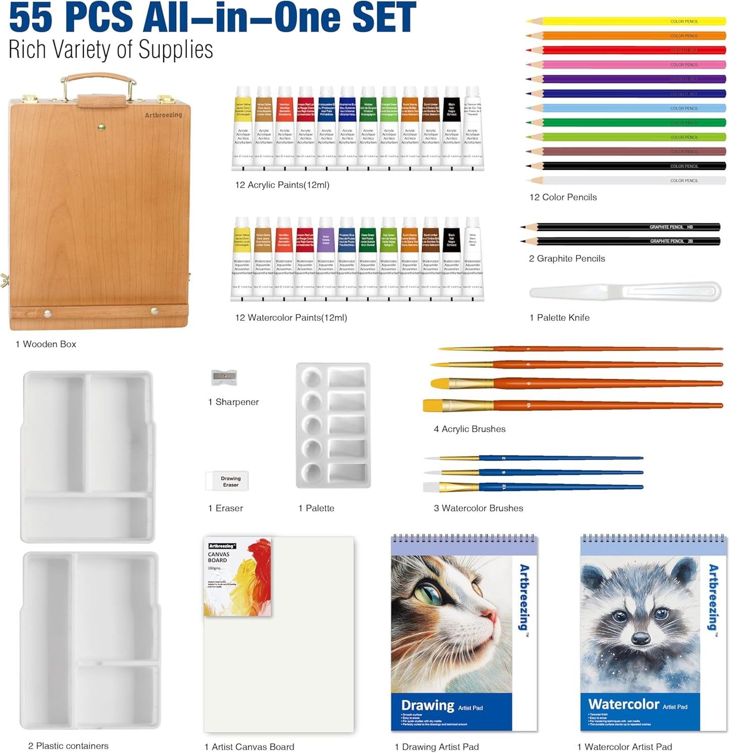 Art Set,55 Pack Painting Supplies Kit with Tabletop Sketch Box Easel