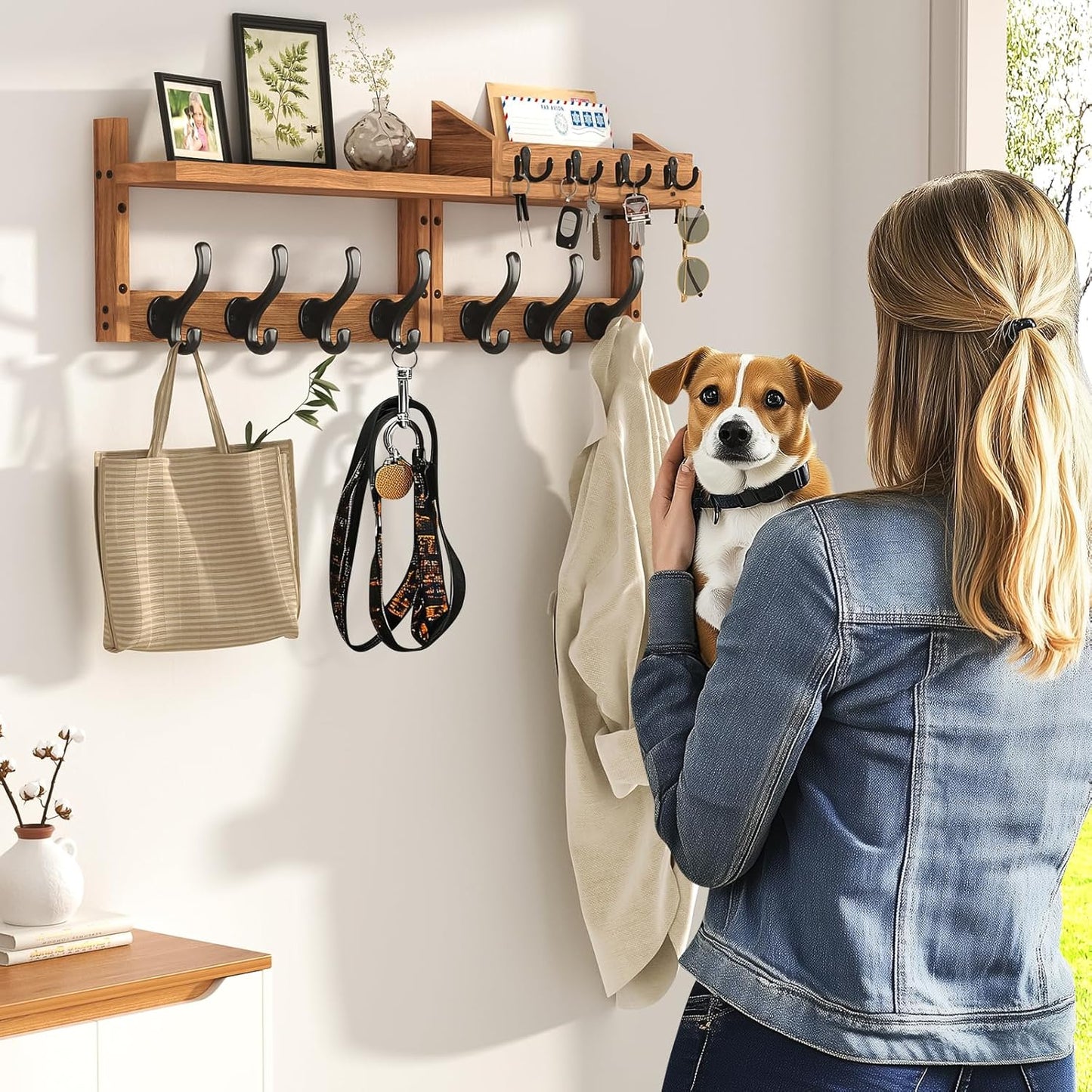 29" Coat Rack Wall Mount with Shelf, 4 in 1 Wall Mounted Coat