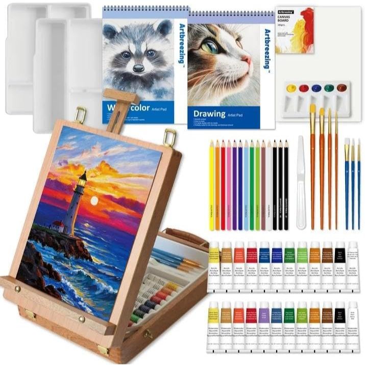 Art Set,55 Pack Painting Supplies Kit with Tabletop Sketch Box Easel
